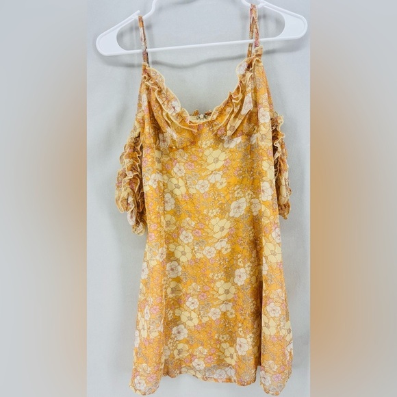 Le Lis Women’s Medium Orange Retro Floral Mini Off the shoulder dress summer - Picture 2 of 10
